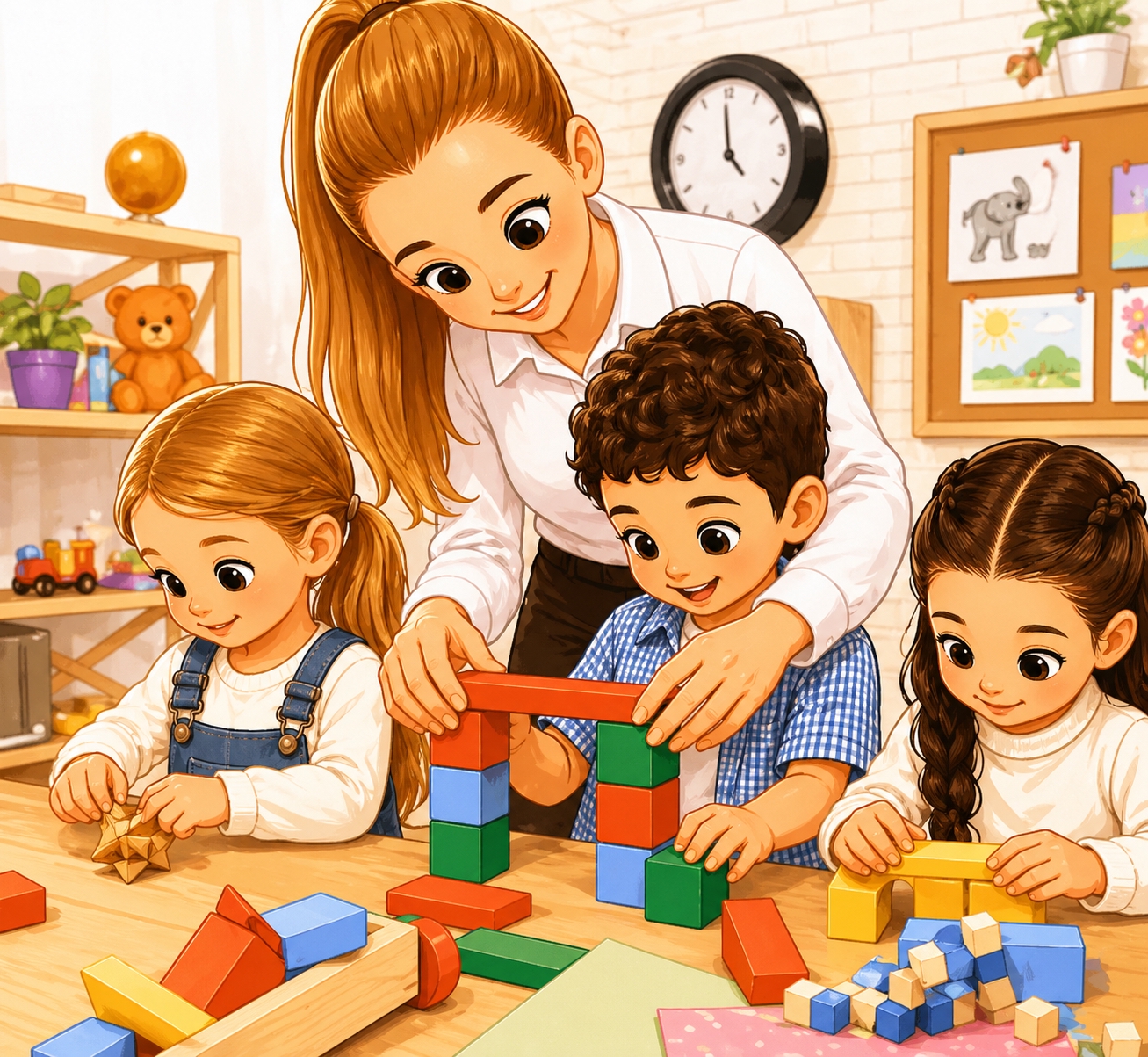 Photo of multicultural children aged 0-5, including Black, Brown, White children and children with disabilities, with an educator supporting them